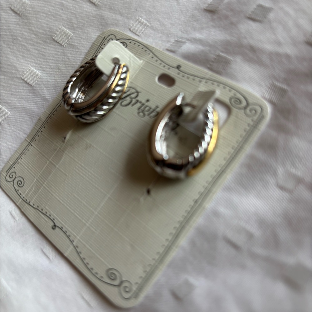 Brighton Two-Tone Reversible 925 SS and Gold Twisted Rope Design Huggies Earring